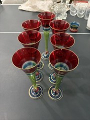 Pier 1 Festive Hand Painted in Red, Blue, Green & Gold Champagne Flutes set of 7