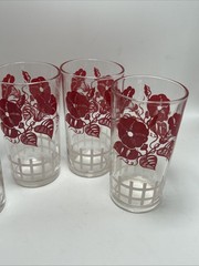 Vintage Red Morning Glory Floral Flowers Juice Glasses Cottage Core MCM Set Of 4
