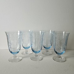 5 Fostoria Blue Meadow Rose Etched Juice Glasses 4.5″ Rare