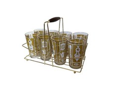 MCM Hazelware 9 pc Caddy Barware Drink Set. 8 Highball Glasses Gold Tone Carrier