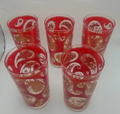 Vintage 5 MCM Culver Red & 22k Gold Paisley Highball Glasses Tumbler Cocktail