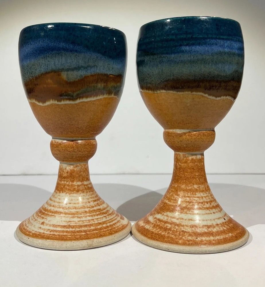 Vintage Studio Pottery Goblets Artisan Handmade Wedding Gift Kiddush Cups Set 2