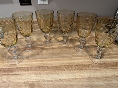 Honey Comb Amber Thumbprint With Clear Stem 8 In Wine/Water Goblets Set Of 6 MCM