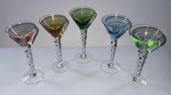 Set of 5 Vintage Asst Colors Small Martini/Cordial Glasses Twisted Stem 6” Tall