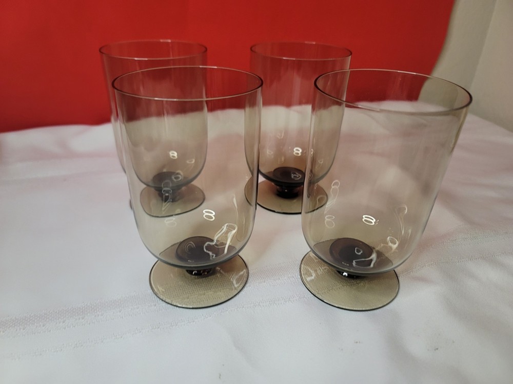 Set of 4 Vintage Smoke Brown Footed Glasses Unknown Maker