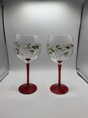 Christmas Winterberry Sentiments Wine Goblets Etched & Hand Painted Pfaltzgraff