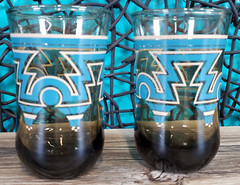 Lot OF 2 Vtg Anchor Hocking Smoked Glass Blue Brown Aztec Design 4″ JUICE Glass