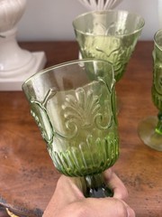 Set Of Three Vintage 1970’s FTD Pressed Green Glass Footed Goblets 7” Glasses
