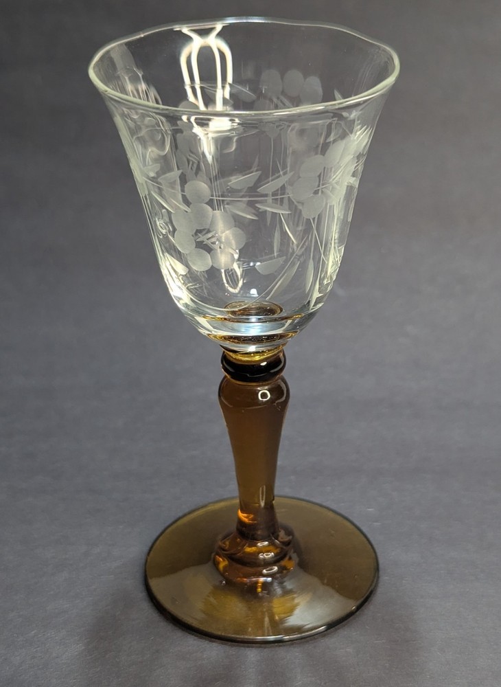 Vintage Amber Stem Floral Clear Cup Cordial Etched Glass 4″ Unknown Manufacturer