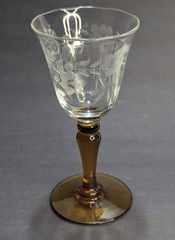 Vintage Amber Stem Floral Clear Cup Cordial Etched Glass 4″ Unknown Manufacturer