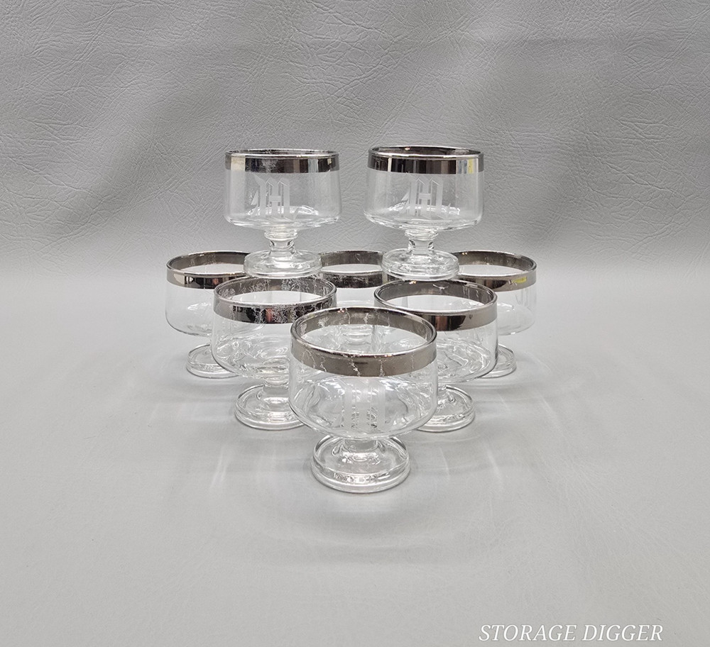 Vintage Set Of 8 Glass Sherbet Dessert Cup 2.75″ Tall, Monogrammed Letter M