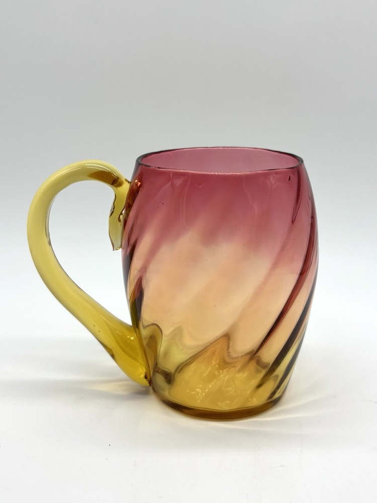 Blenko? Tangerine Amberina Art Glass Swirl Rib Optic Handle Cup 8oz Bar Ware