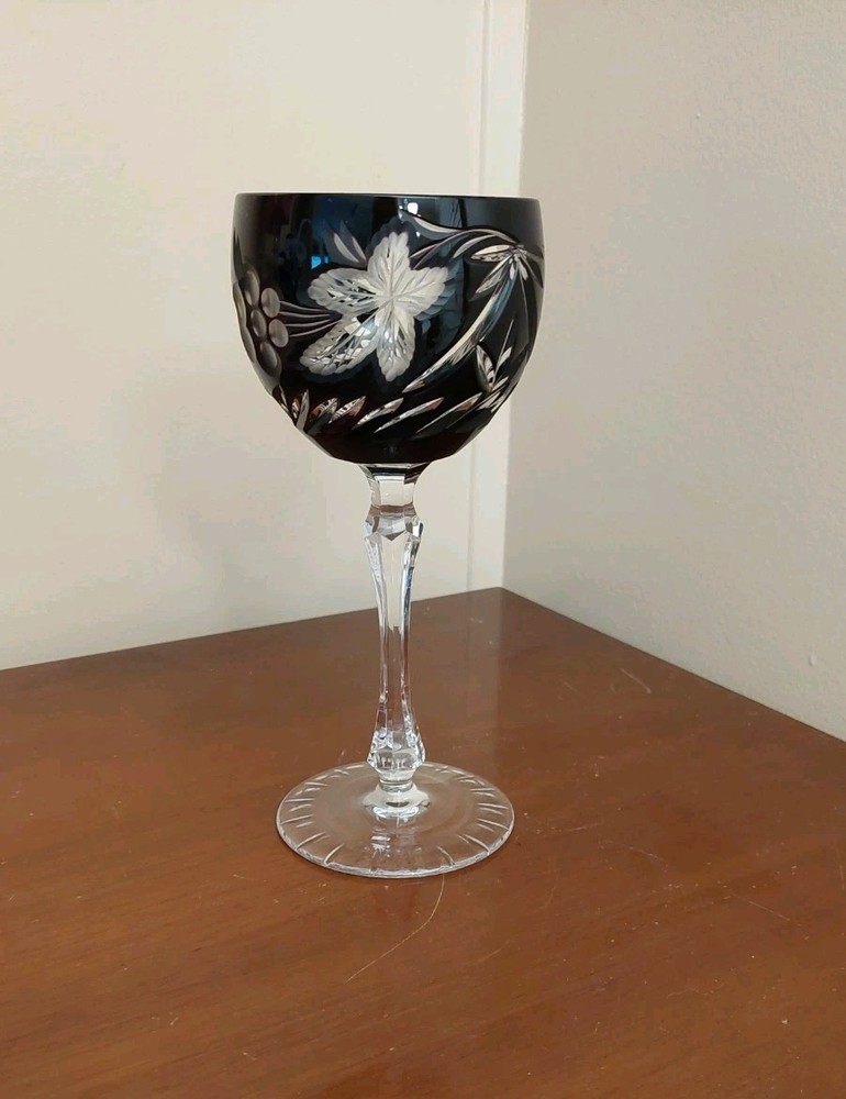 Dark Amethyst Cut To Clear Crystal Wine Hock Goblet 7.5