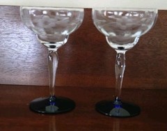 Tall Champagne Coupe Floral Etched Martini Glasses-Cobalt Blue Base-Set Of 2
