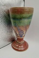 6″ Studio Pottery Chalice Goblet, Red & Green Glaze, Blue Slip-Dots