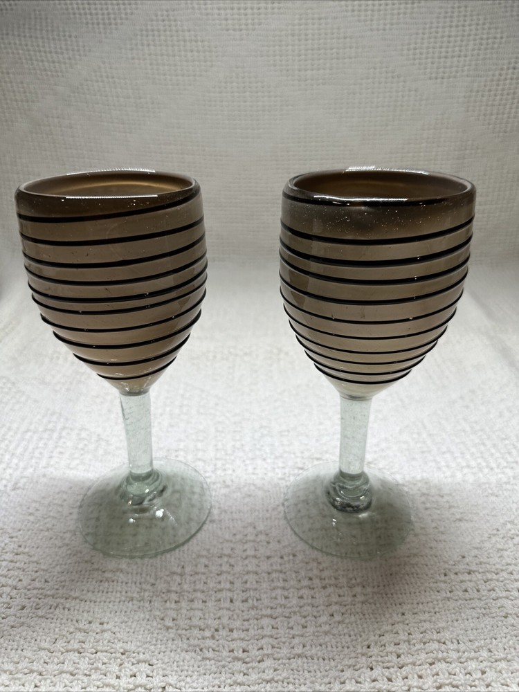 Hand Blown Glass Wine Goblets Brown/Black Stripes