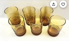 9 VTG Libbey Amber Yellow 3 3/4″ Tall Swirl Ringed Bottom Glasses New Unboxed