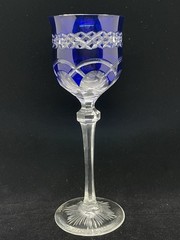 Vintage Bohemian Czech Cut To Clear Deep Blue 7.5” Tall Wine Glass