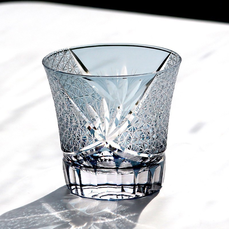 1pc Ink Blue Edo Kiriko Crystal Bohemian Hand Cut Cased Whiskey Glass 220ml/8oz