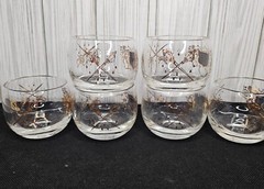 6 Vtg VIP Roly Poly Cocktail Glass Royal Crest Black Gold Barware Mancave 4oz