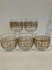 5 Vintage MCM Culver Cannella Roly Poly 22 K Gold Cane Pattern Cocktail Glasses!