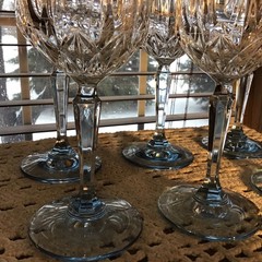 6 Azure Blue Stem Paneled 8 Oz Crystal 8” Goblets Glasses