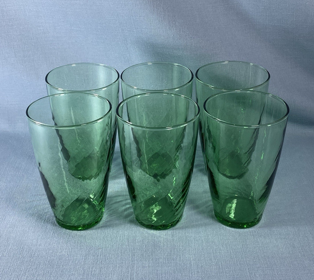 Vintage Set of 6 Libbey Pale Green Swirl Drinking Glasses 5” Tall 8 oz Excellent
