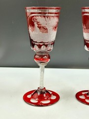 2 Bohemian Ruby Red Cut To Glass Goblet Biedermeier Etched Hunting Stag Scene