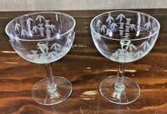 Set of 2 Vintage MCM Cut Glass Champagne Glasses Bamboo Pattern Barware