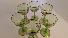 Vintage MCM Romanian Crystal Flower Cordial Glasses With Gold Trim. Lot Of 6.