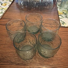 Anchor Hocking 5 Green Embossed Oak Leaf & Acorn Short Rocks Glass Tumblers