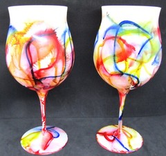 White Paint Swirled 9 1/2″ Stemmed Wine Goblet, Set of 2.