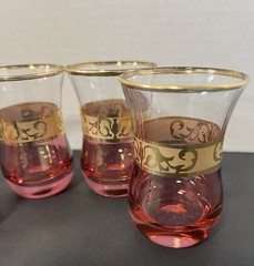 4 Vintage Turkish Tea Glasses Pasabahce Cranberry & Gold Scroll Accents 3”