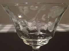 VINTAGE FLORAL RIBBON DOT ETCHED GLASS STEM CHAMPAGNE / SHERBERT SET OF 6