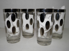 Vintage Dorothy Thorpe MCM Bar Glass Set of 4 Silver Oblong Dots Silver Trim GUC