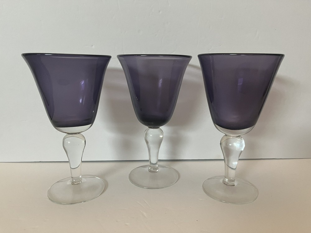 3 Artland Iris Plum 8″ Water Goblets Wine Glasses Purple Amethyst