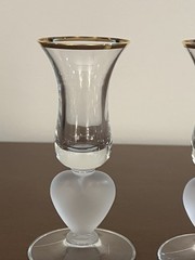 Mid Century Gold Rim Cordial Glasses Frosted Teardrop Stem Set of 2