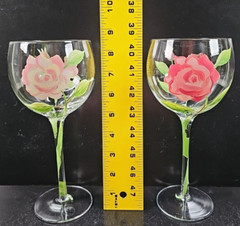 2 Block Vintage Rose Balloon Wine Glasses Mix Set Floral Hand Painted Flower Lot