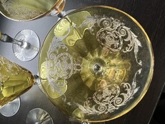 7 vintage Tiffin Arcadian Art Deco Topaz Etched Basket Design Footed Glasses