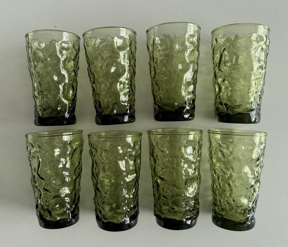 Vtg Set Of 8 Anchor Hocking Lido Milano Avocado Green Crinkle Juice 4oz.