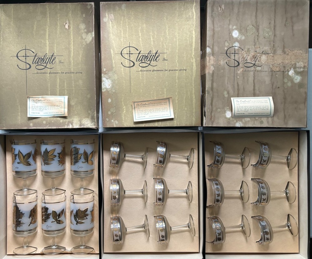 Libbey Starlyte Gold Leaf Frosted Glasses 3 Sets New in Box Vintage MCM As Shown