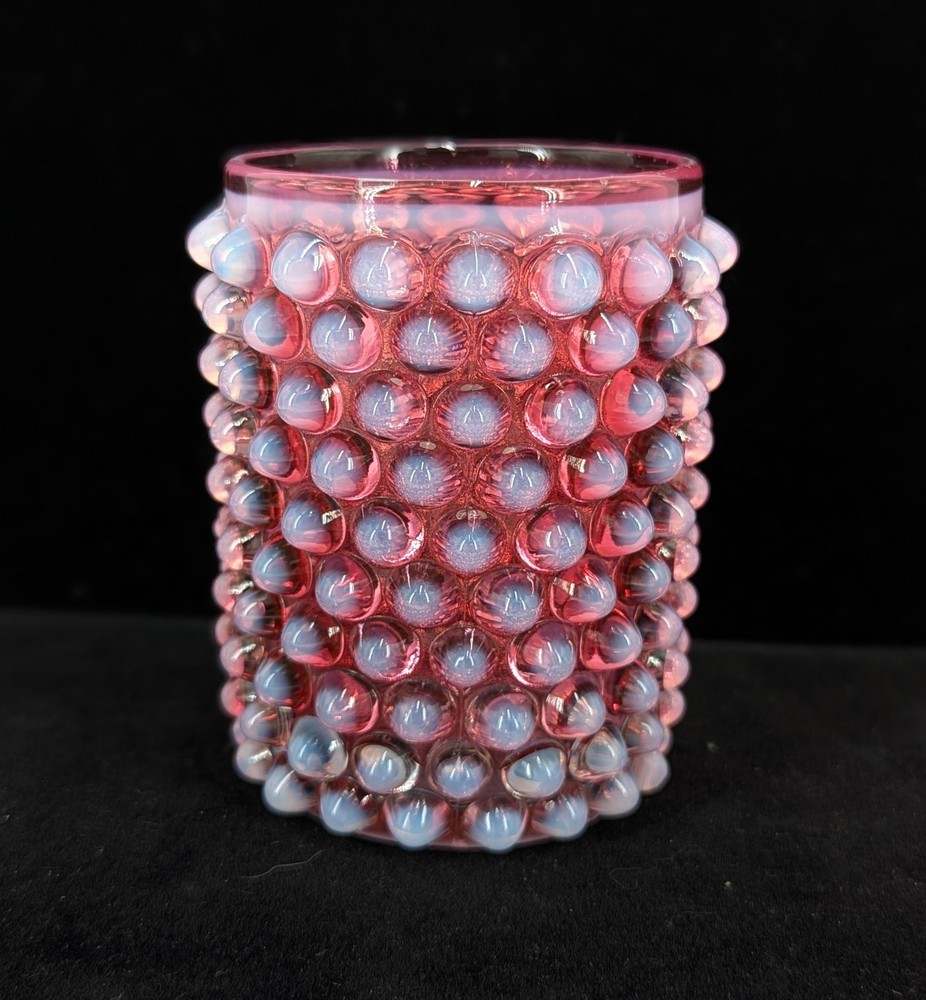 Rare Antique Cranberry Opalescent Glass Hobnail 4″ Victorian Tumbler Cup