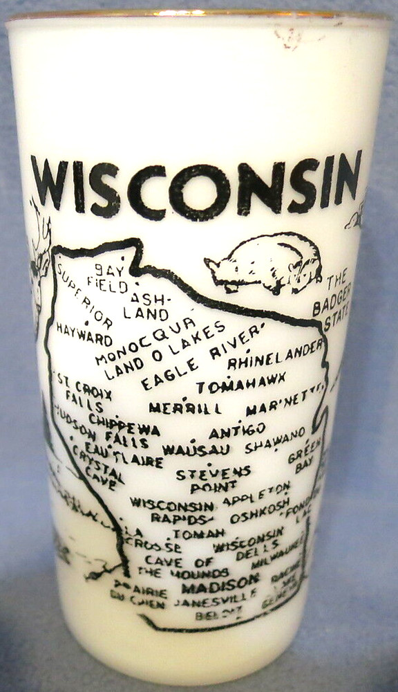Vintage Hazel Atlas Wisconsin Souvenir Milk Glass Tumbler Retro Graphics 5″ T