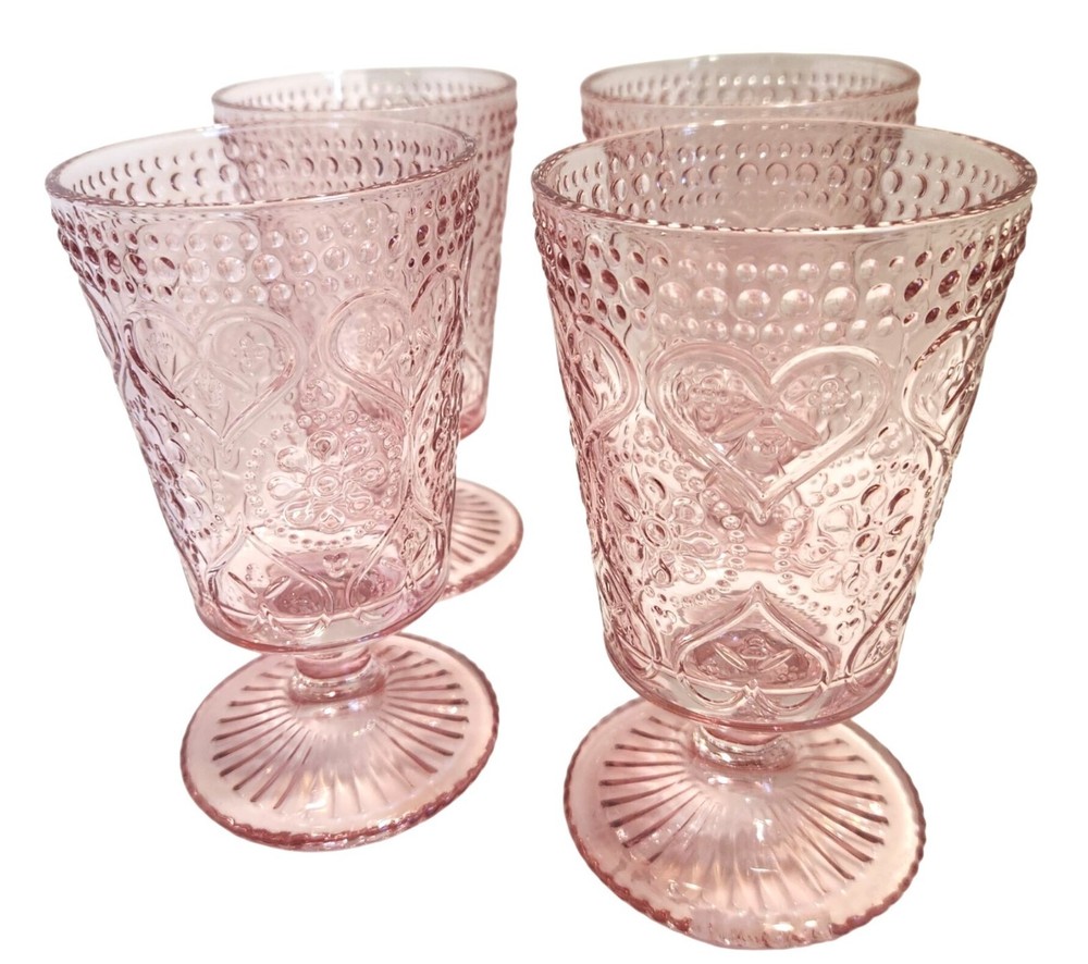 Glass Smile Pink Pressed Glass Pedestal Goblets Set Of 4 Heart Floral Pattern
