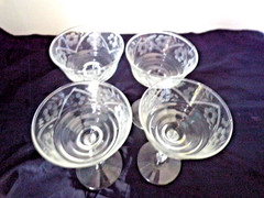 Libbey ROCK SHARPE 3500 Set 4 Champagne/tall Sherbet Grey Cut Etched Floral 40s