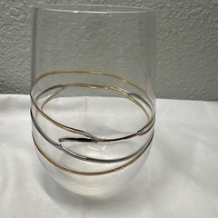 Set Of 4 Hand Blown Clear Stemless Wine Glasses Multi Color Glass Strings 4 1/4″