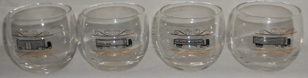 RARE Set (4) MCM 1950s-60s 8 oz SMALL ROLY POLY Bar Glasses TRUCKING – BIG RIG