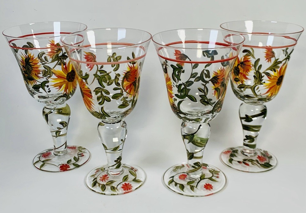 Set of 4 Mary Beth Baxter Hand Painted Sunflower Wine Glasses Certified Int’l
