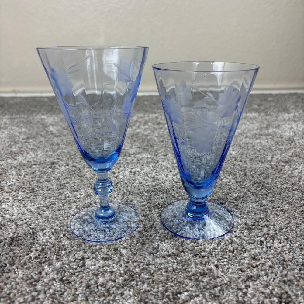 Vintage Elegant Blue Glass Water Goblet Paneled Etched Floral Stemware Set of 2