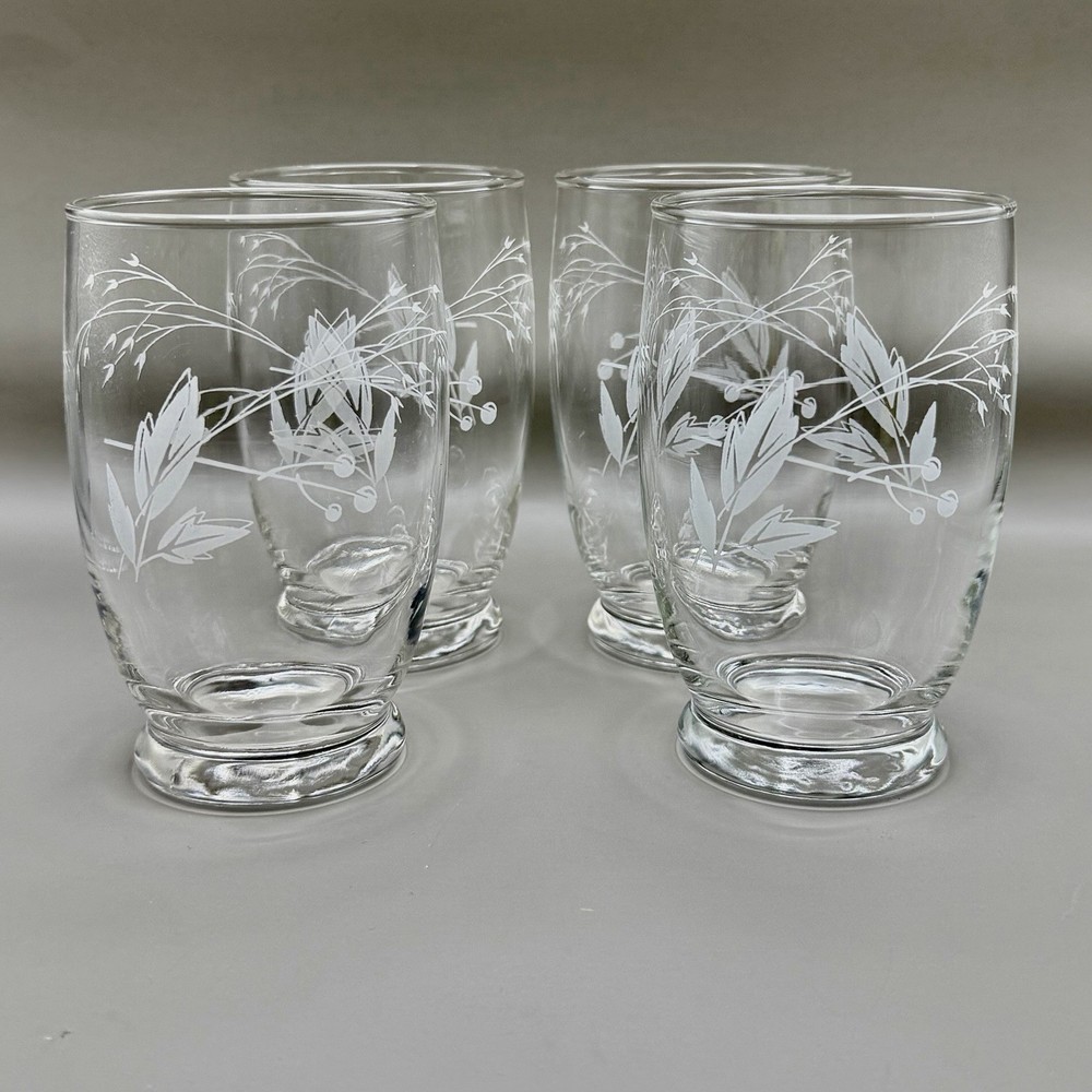 Vintage MCM Frosted White Leaf & Berry Footed Juice Glasses – Set of 4